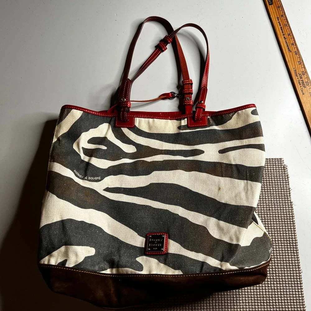 Dooney & Bourke Zebra Print Canvas Tote Bag Red Leather Trim Brown Suede Base